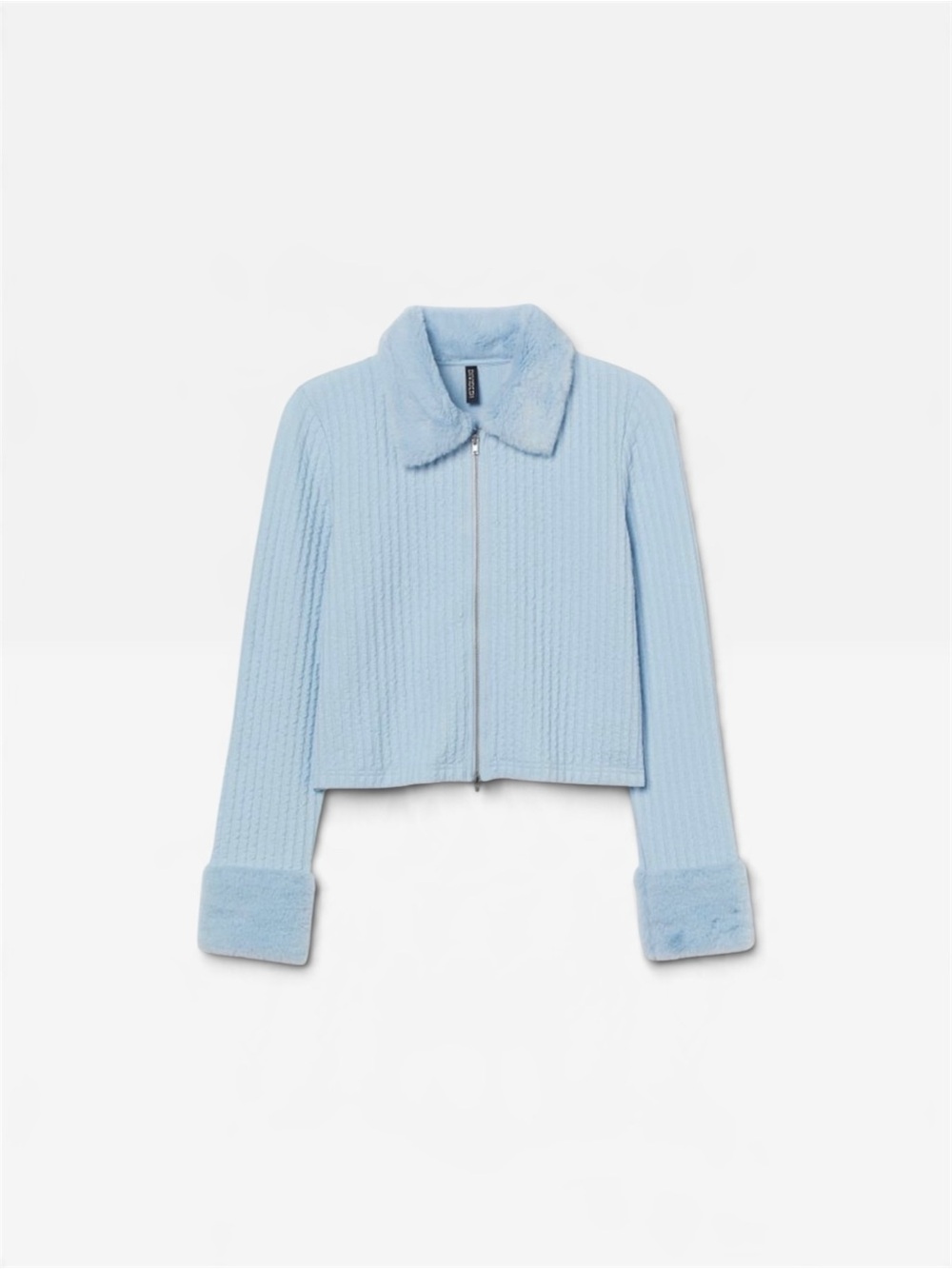 H&M Divided Light Blue Ribbed Zip-Up Cardigan with Faux Fur Collar & Cuffs – 4XL